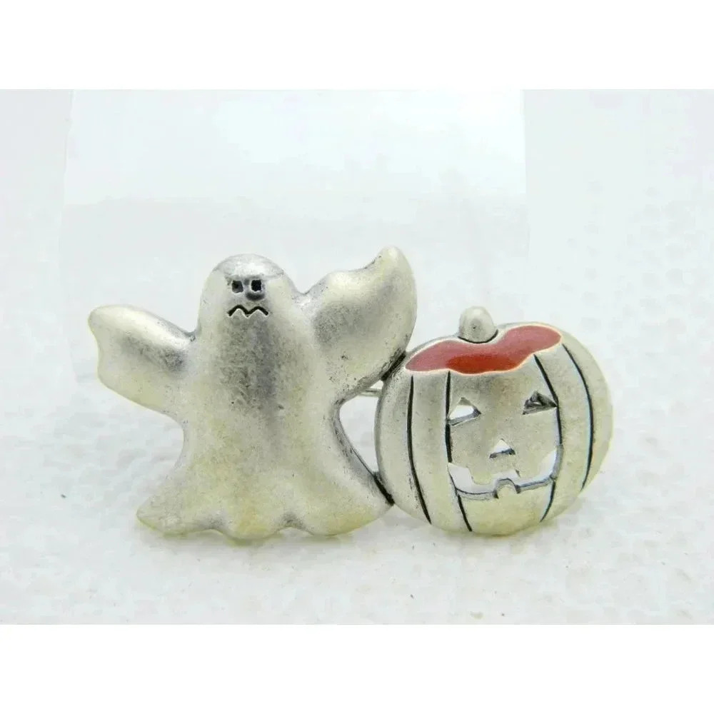 Vintage Halloween Silver Ghost Enamel Pumpkin Darlene Group Pin Brooch